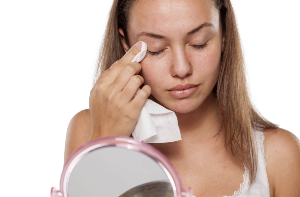 A young woman in front of a small mirror and against a white background wiping her eyelids clean using eyelid wipes.